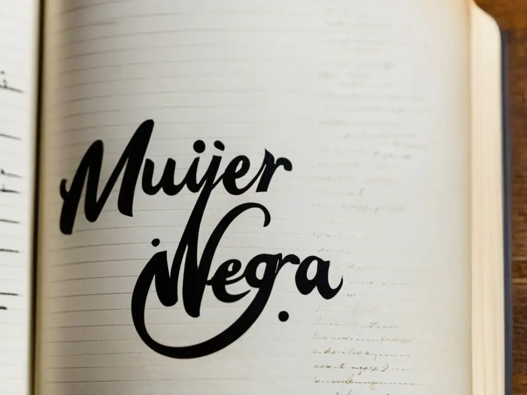 Una página de poesía en un cuaderno desgastado con el título 'Mujer Negra' escrito en caligrafía elegante