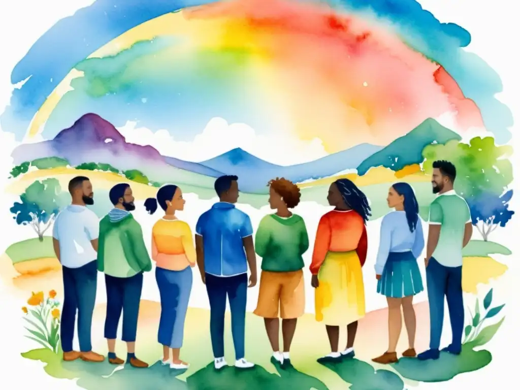 Un paisaje de acuarela vibrante muestra a diversas personas LGBTQ+ unidas en círculo, vistiendo atuendos coloridos que reflejan su individualidad