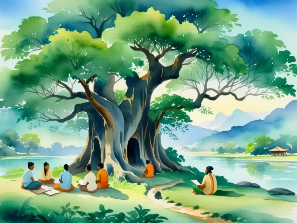 Un paisaje antiguo de la India en acuarela, con poetas sánscritos bajo un árbol banyan