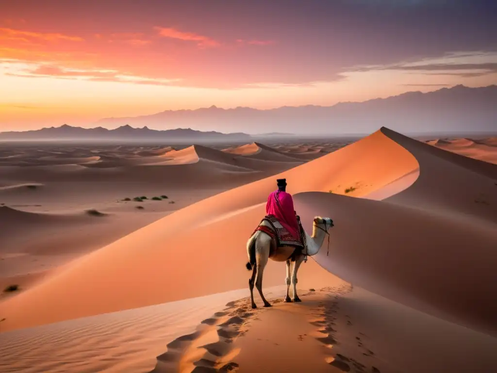 Un paisaje desértico al atardecer con un cielo naranja y rosa reflejándose en las ondulantes dunas