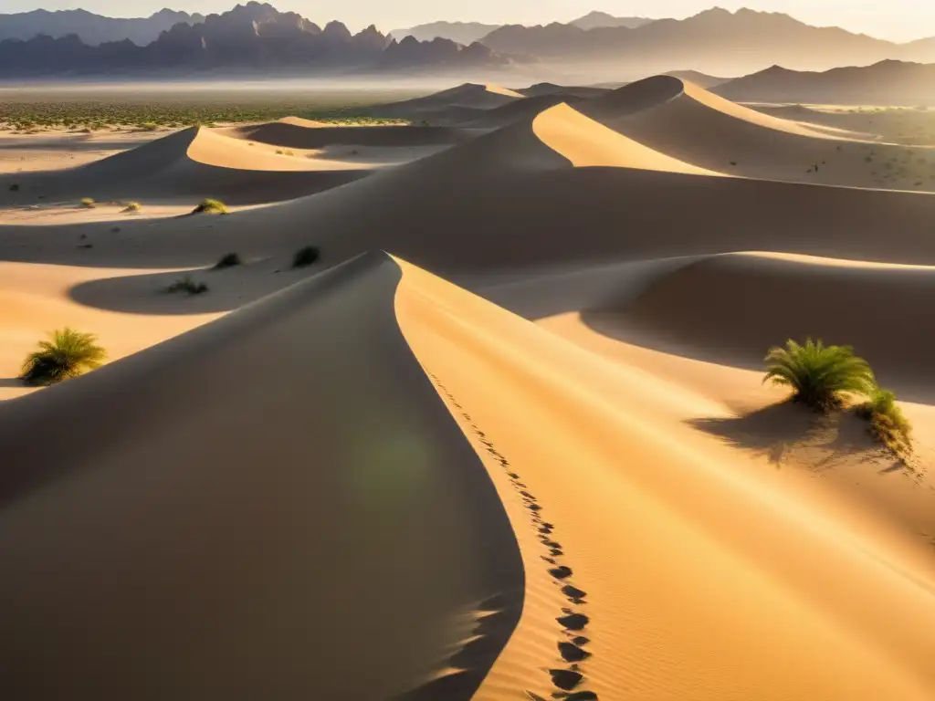 Un paisaje desértico impresionante con dunas de arena dorada y oasis