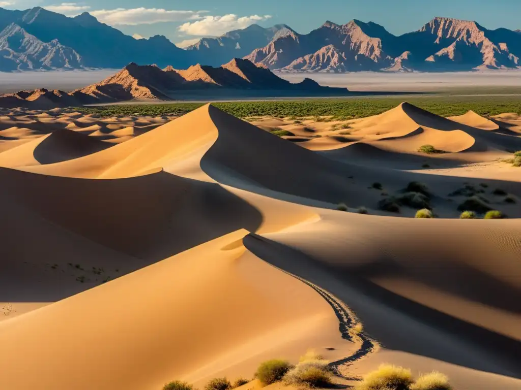 Un paisaje deslumbrante en el desierto: doradas dunas, cielo vasto, sombras alargadas, montañas lejanas