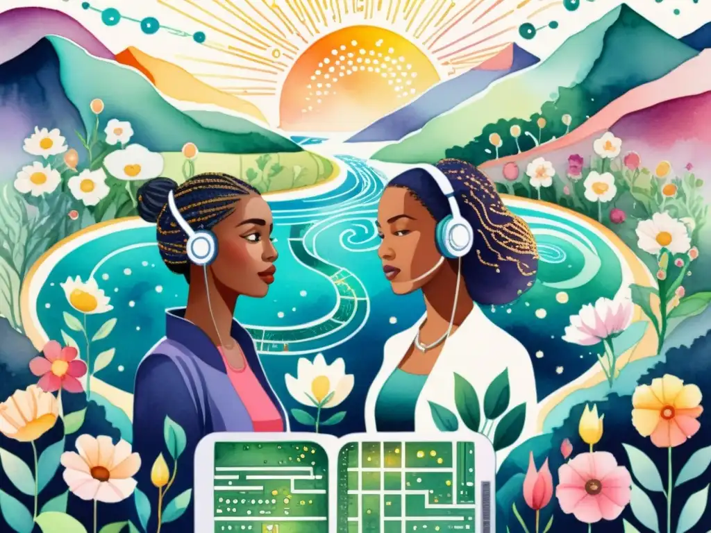 Un paisaje digital detallado con flores vibrantes, ríos y mujeres recitando poesía feminista en medio de elementos digitales