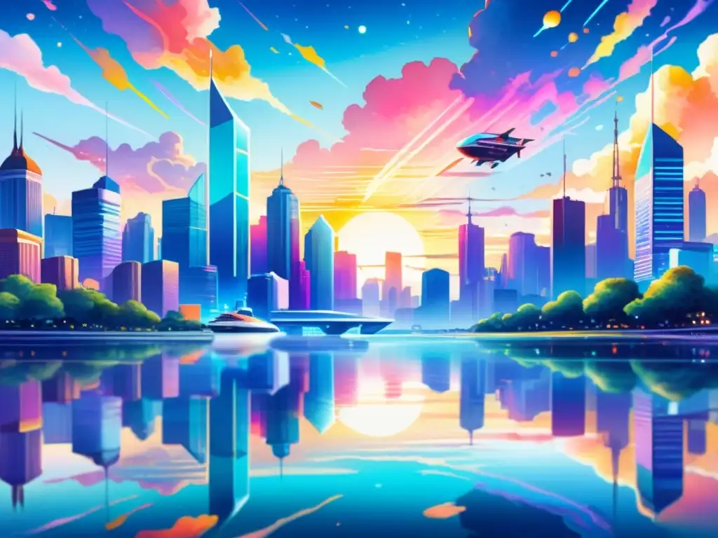 Un paisaje digital surrealista con una ciudad futurista, colores vibrantes y detalles intrincados