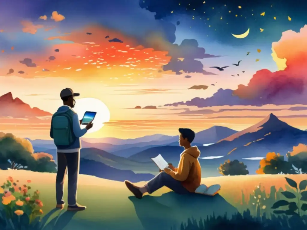 Un paisaje digital con un vibrante atardecer iluminando un recital de poesía virtual, conectando a través de apps para recitar poesía en vivo