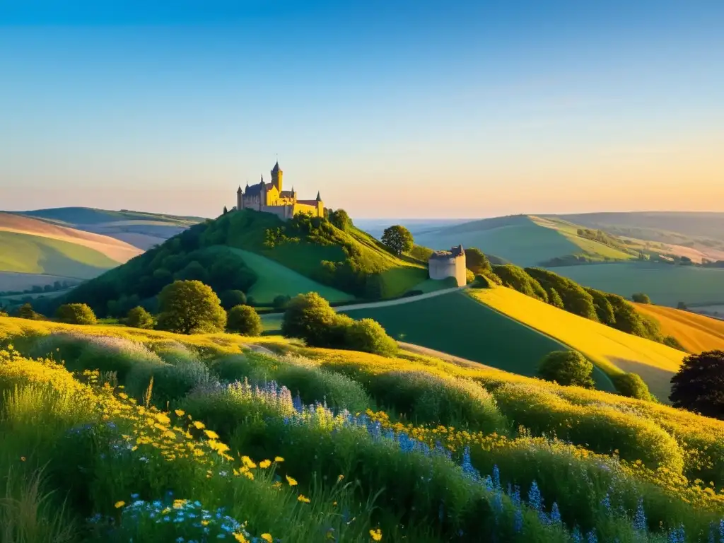 Un paisaje dorado y sereno con un castillo majestuoso, evocando la poesía épica del Renacimiento en el siglo XXI