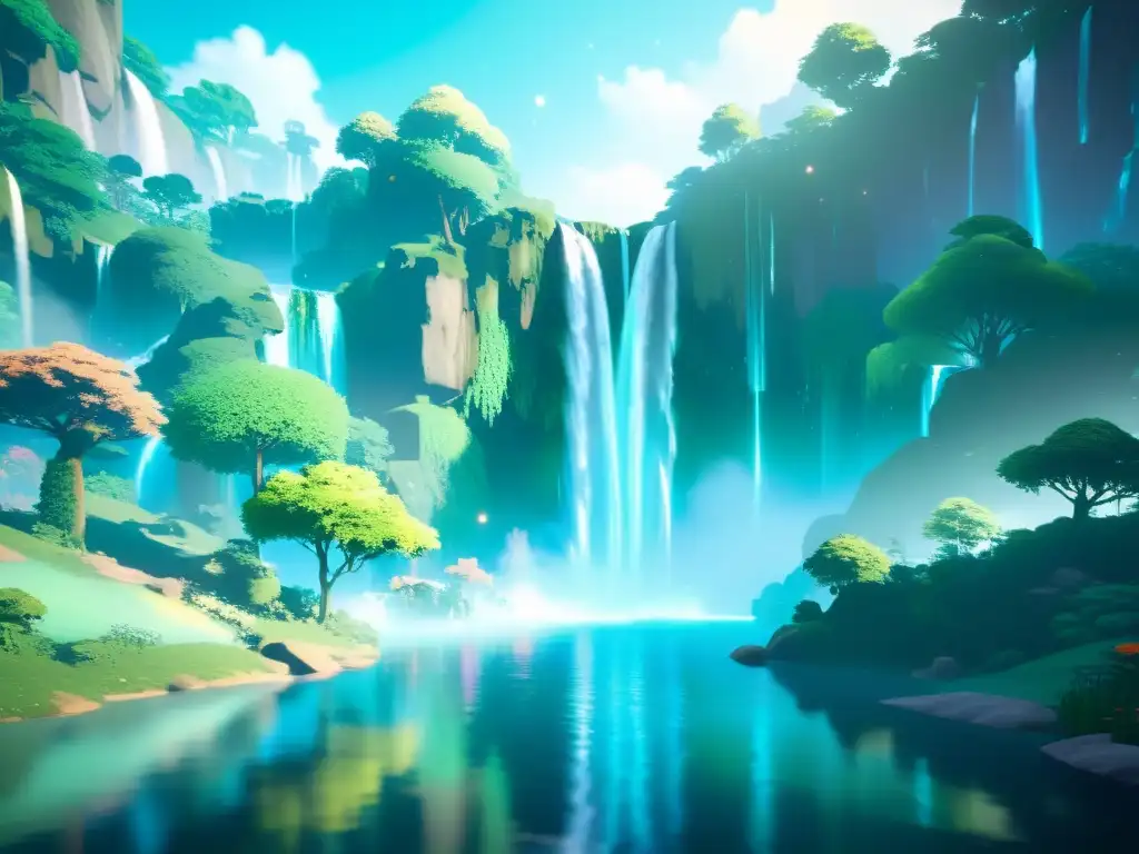 Un paisaje etéreo y poético en un videojuego, con un bosque luminescente y una cascada cristalina