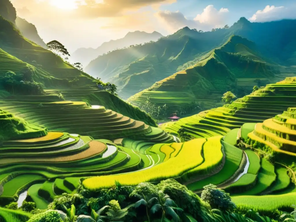 Paisaje exuberante de Indonesia con poesía traducida en caligrafía, terrazas de arroz y montañas al fondo