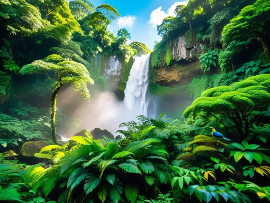 Un paisaje exuberante de la jungla, con árboles altos cubiertos de follaje vibrante, raíces serpenteando por el suelo