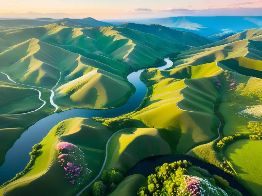 Un paisaje exuberante y sereno de colinas, río y montañas, bañado por la luz dorada del atardecer