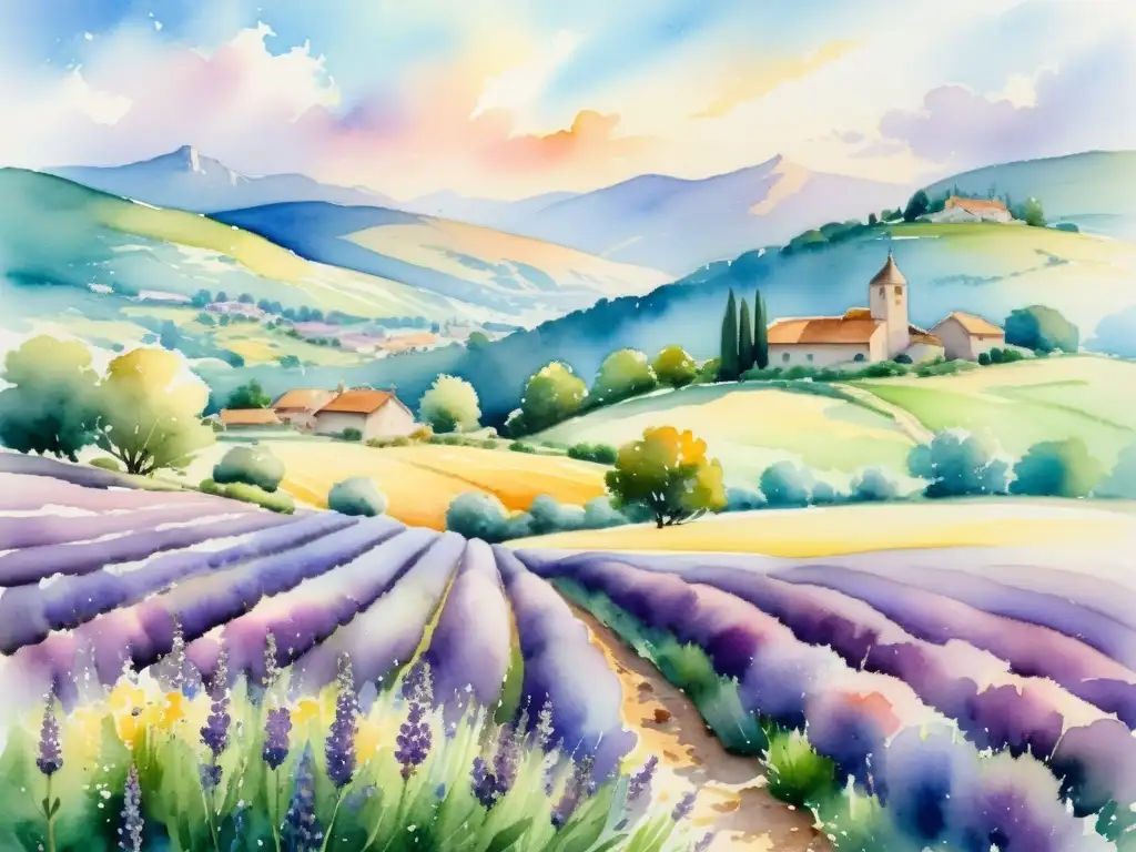 Un paisaje francés pintado en acuarela, con campos de lavanda y un pueblo pintoresco