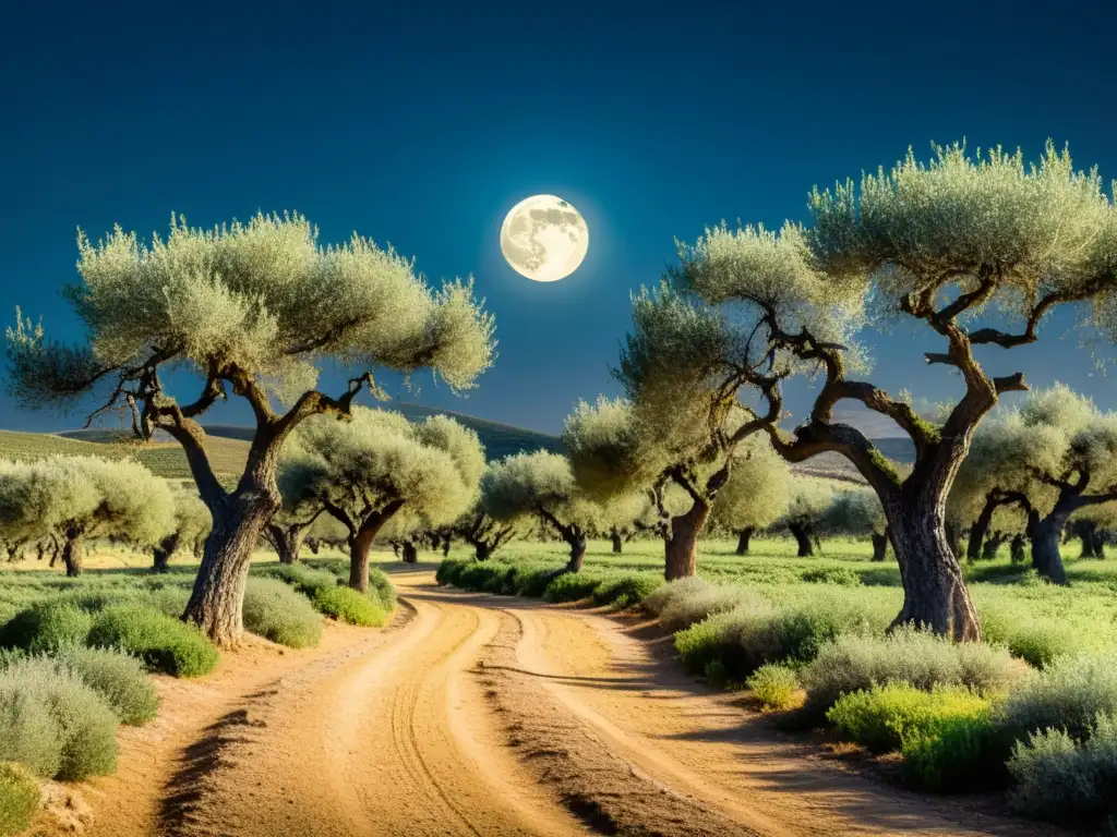 Un paisaje iluminado por la luna con un sendero entre olivos