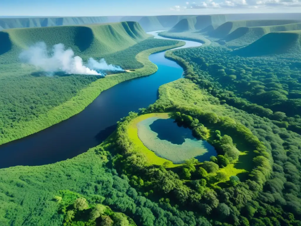 Paisaje indígena impresionante con colores vibrantes, ríos sinuosos y ceremonia tradicional alrededor de fogata