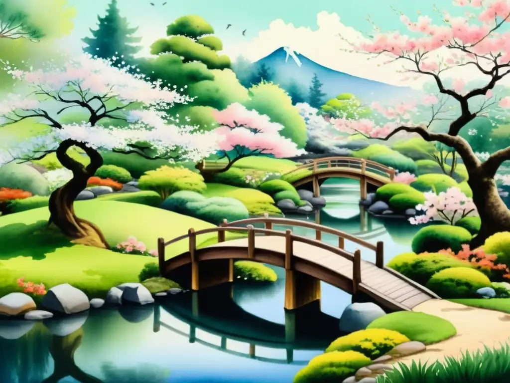 Un paisaje japonés sereno y detallado con cerezos en flor y un puente de madera, inspirando calma y poesía