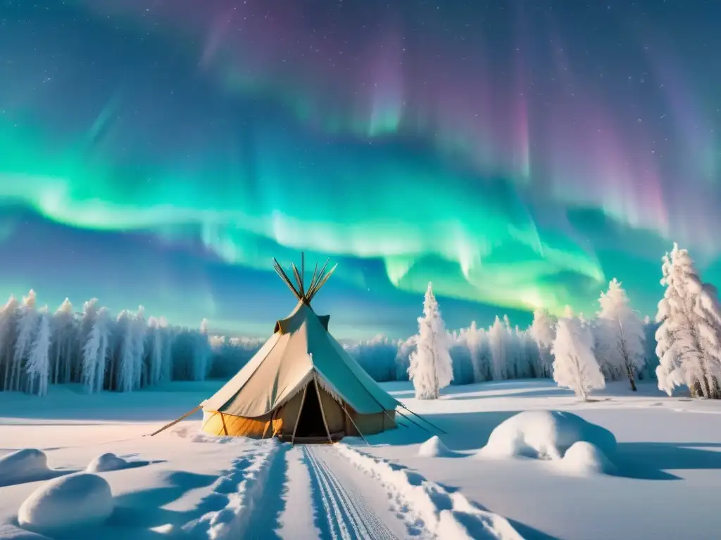 Un paisaje nevado y sereno en Europa del Norte con una tienda tradicional Sami, poesía cultural en la atmósfera