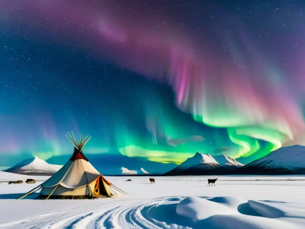 Paisaje nevado, tienda Sami, aurora boreal en la Europa del Norte