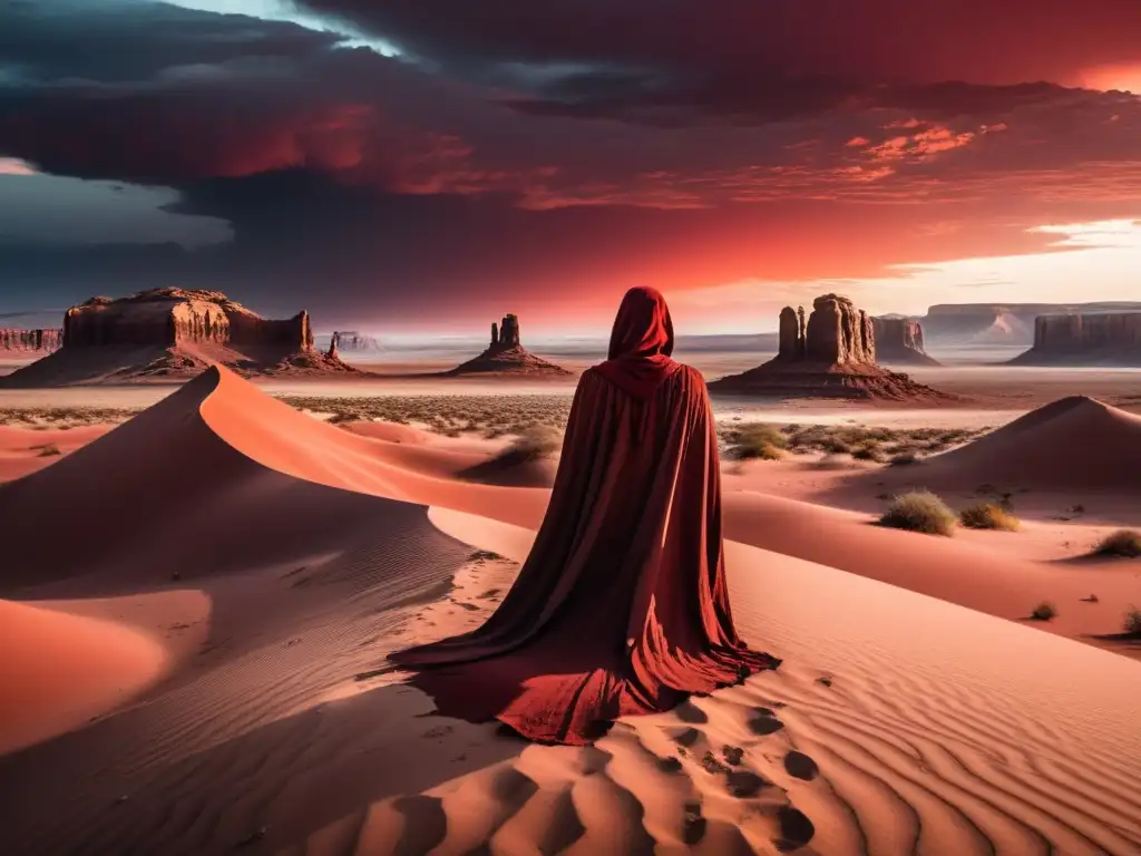 Un paisaje onírico y surrealista con un cielo rojo sangre y un vasto desierto interminable