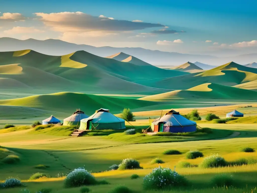 Paisaje poético de la estepa de Mongolia: colinas verdes, yurtas tradicionales y cielo azul infinito