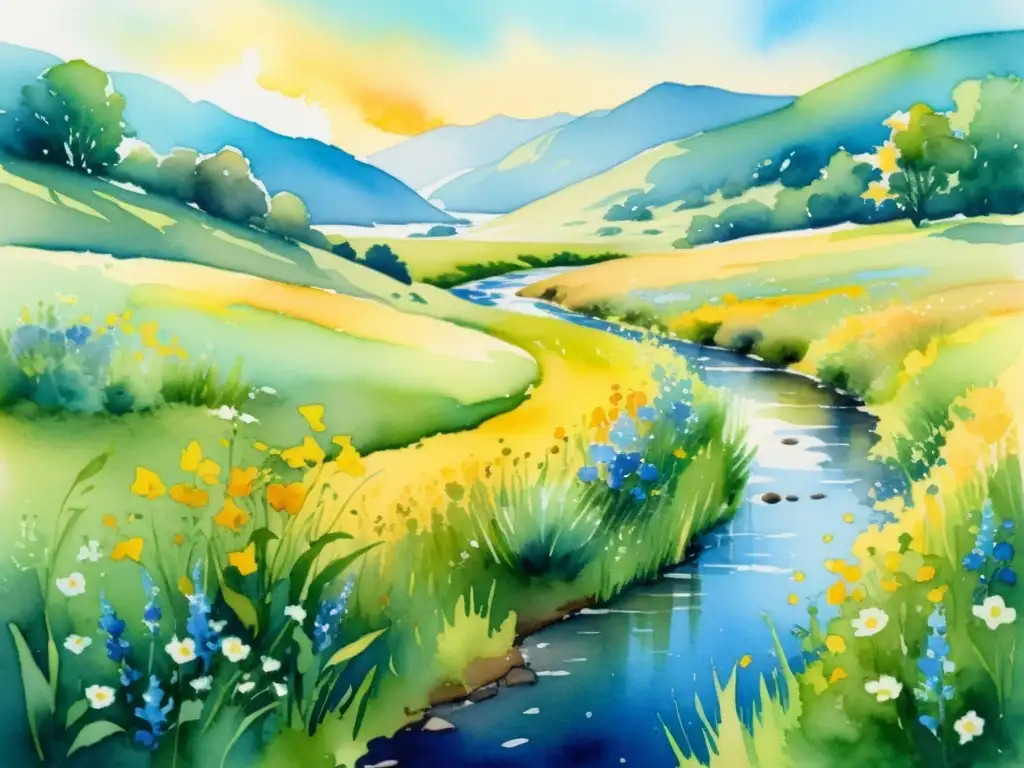 Un paisaje de prado sereno con flores silvestres y un arroyo azul serpenteante bajo el cálido sol