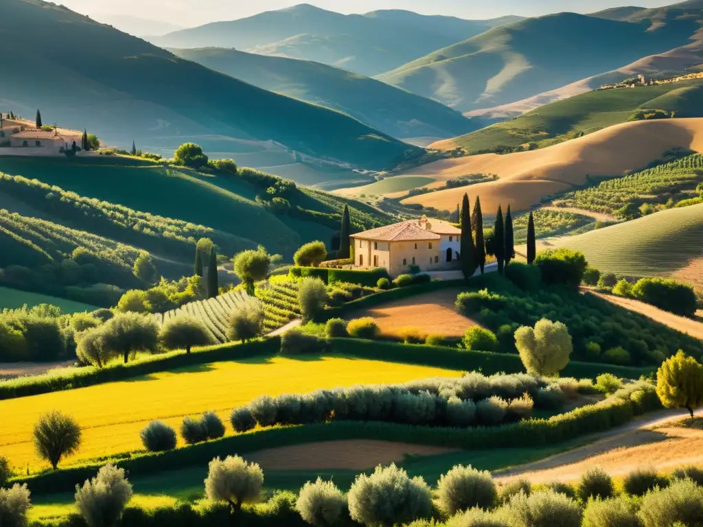 Un paisaje rural español vintage detallado con colinas, olivares y un pueblo pintoresco