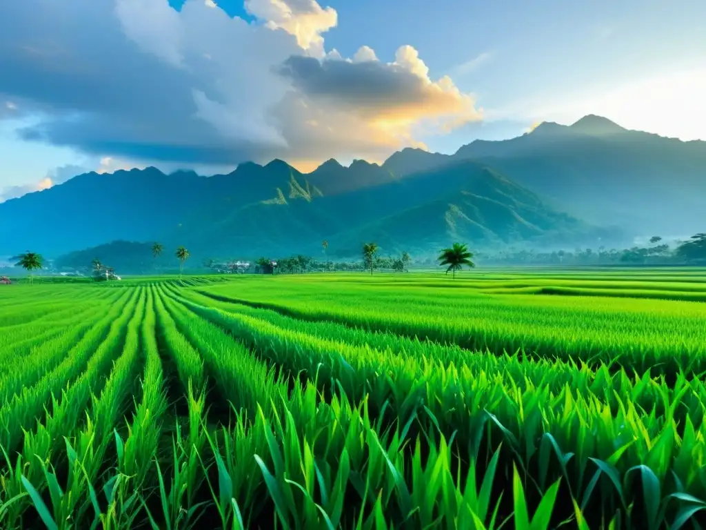 Un paisaje sereno de arrozales verdes bajo un cielo azul vibrante, con montañas envueltas en niebla al fondo