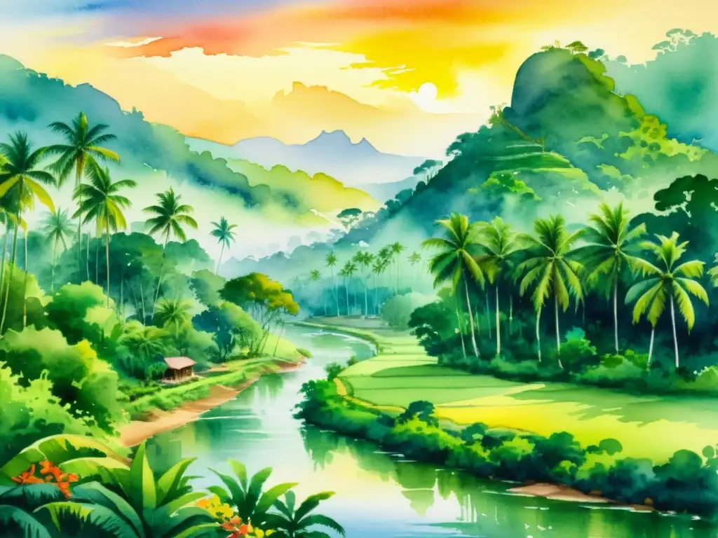 Un paisaje sereno y exuberante de Sri Lanka, con palmeras, flores tropicales y un río tranquilo reflejando el cálido atardecer