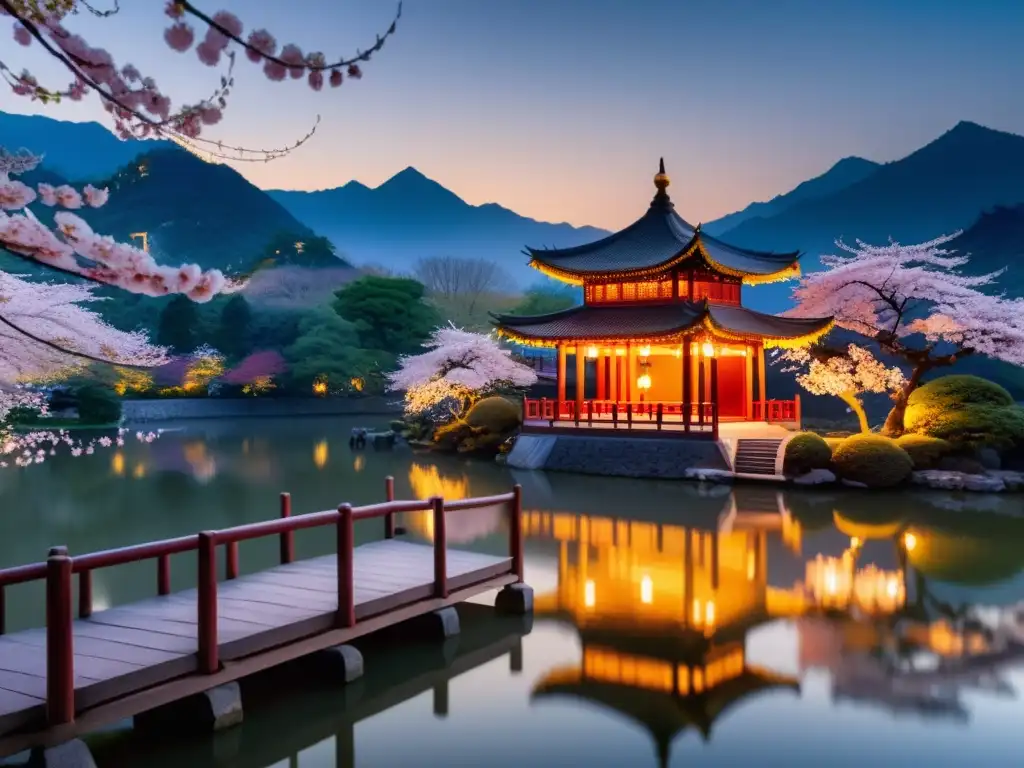 Un paisaje sereno iluminado por la luna con un pabellón chino tradicional entre árboles de cerezo