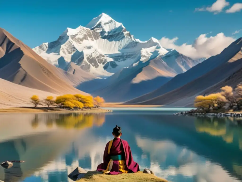 Paisaje sereno de montaña con lago, figura escribiendo poesía tibetana