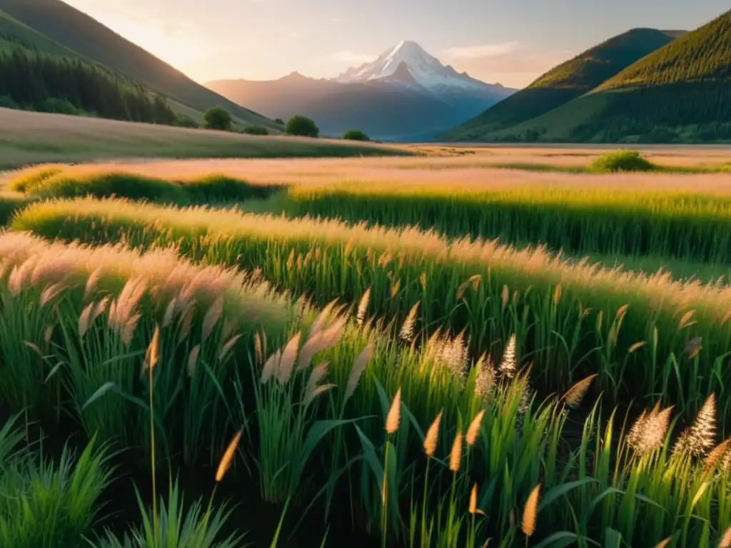 Un paisaje sereno de praderas y montañas al atardecer, reflejando la 'Estética de los Versos en Movimiento'