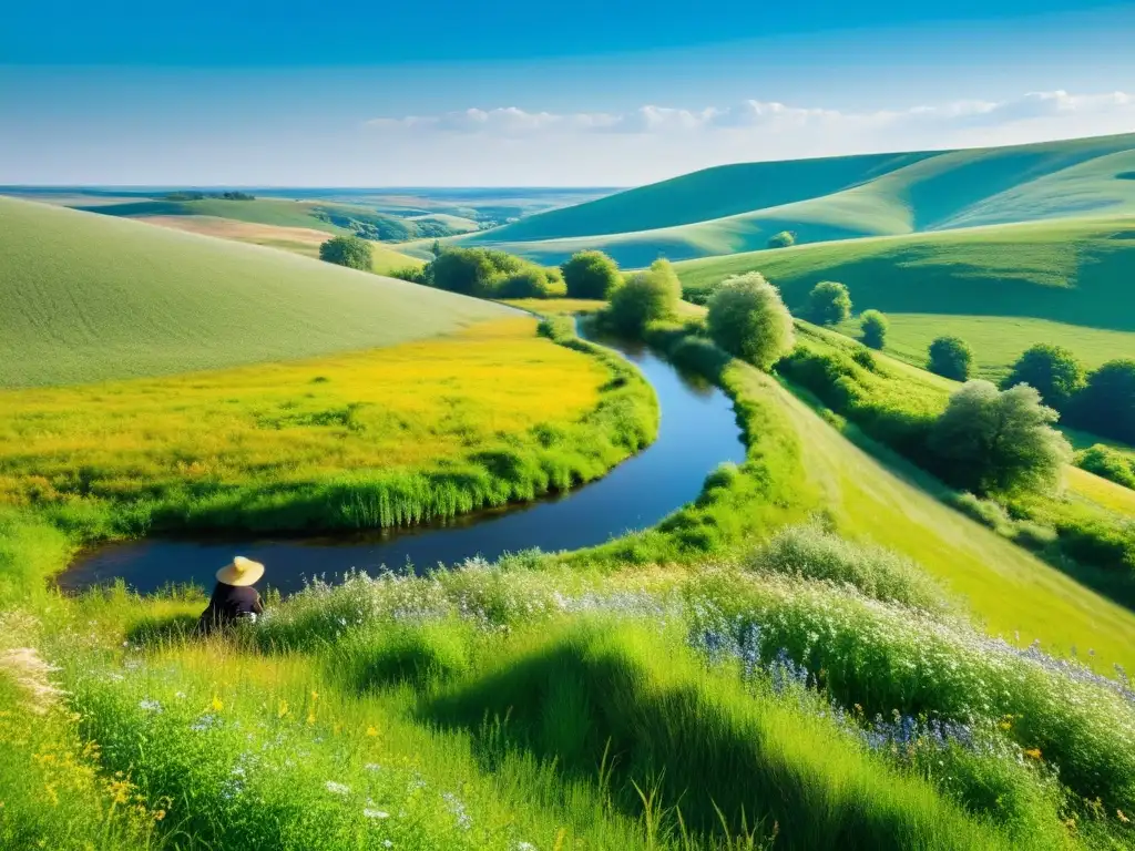 Un paisaje sereno de la vasta campiña polaca, con colinas verdes y un arroyo, evocando la poesía polaca sencilla y profunda