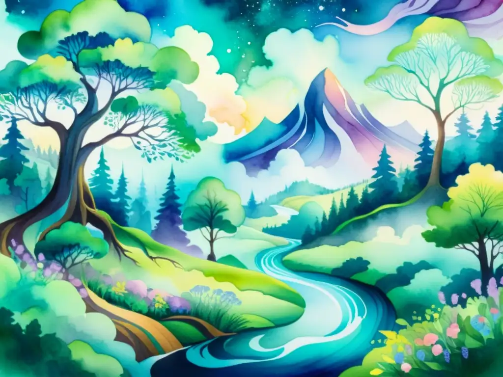 Un paisaje surrealista con río, bosque místico y montañas, en exquisitos colores vibrantes