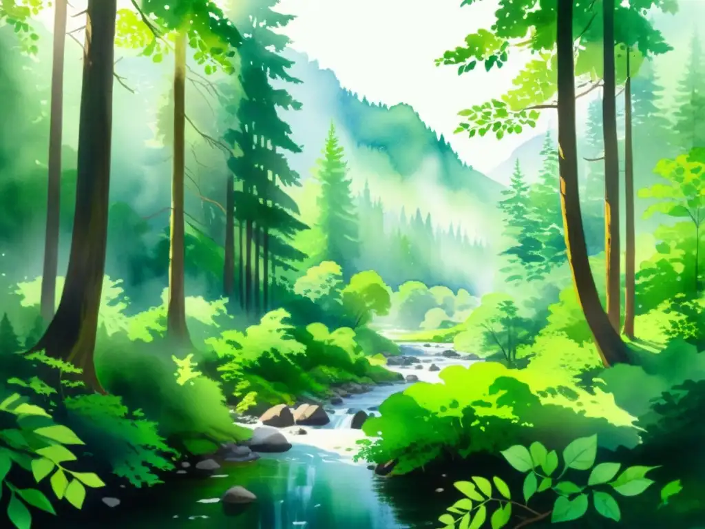 Bosque sereno: acuarela de naturaleza exuberante Un paisaje de poesía testigo cambio climático: un bosque exuberante, arroyo cristalino y montañas envueltas en neblina