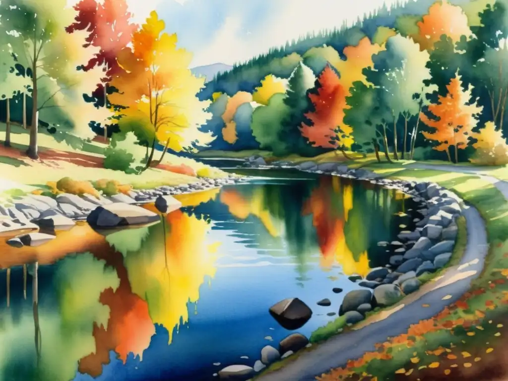 Un paisaje tranquilo y soleado con un río serpenteante reflejando los vibrantes colores del otoño