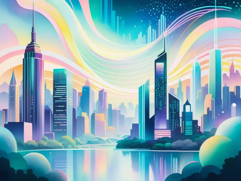 Un paisaje urbano futurista y poesía entrelazada en acuarela, proyecta experiencias poéticas únicas con tecnología