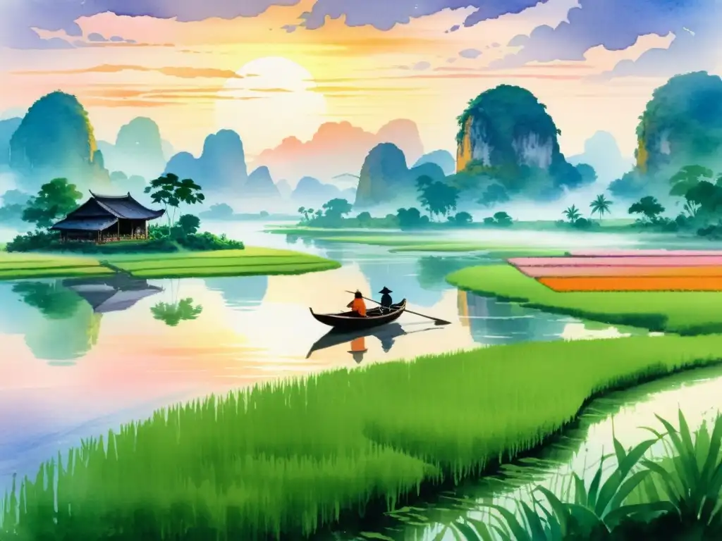 Un paisaje vietnamita poético con arrozales, un bote tradicional y karsts, reflejando la poesía vietnamita contemporánea