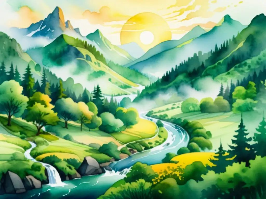 Acuarela 8k: Paisaje onírico con río y bosque Un paisaje vívido y onírico en acuarela de 8k, con un río serpenteante en un bosque exuberante