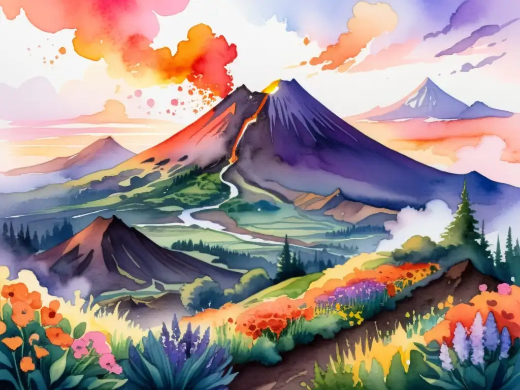 Un paisaje volcánico majestuoso con picos, flores silvestres, lava y un atardecer épico