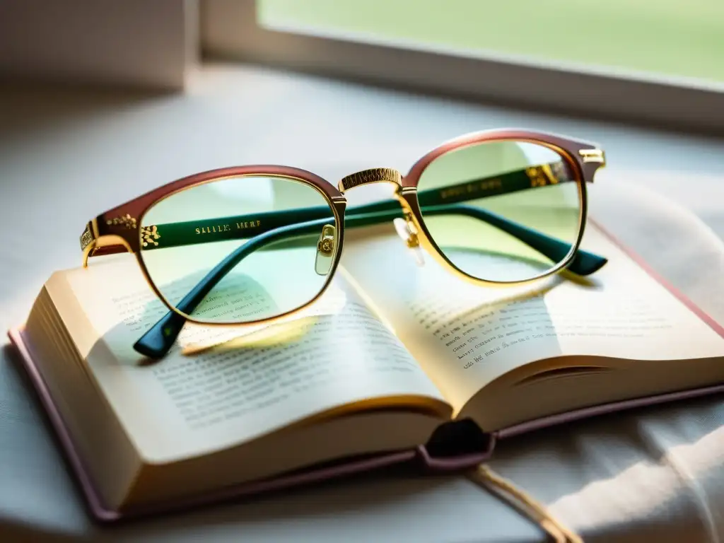 Un par de elegantes lentes de lectura vintage con monturas doradas y grabados florales, reposando sobre un libro de poesía