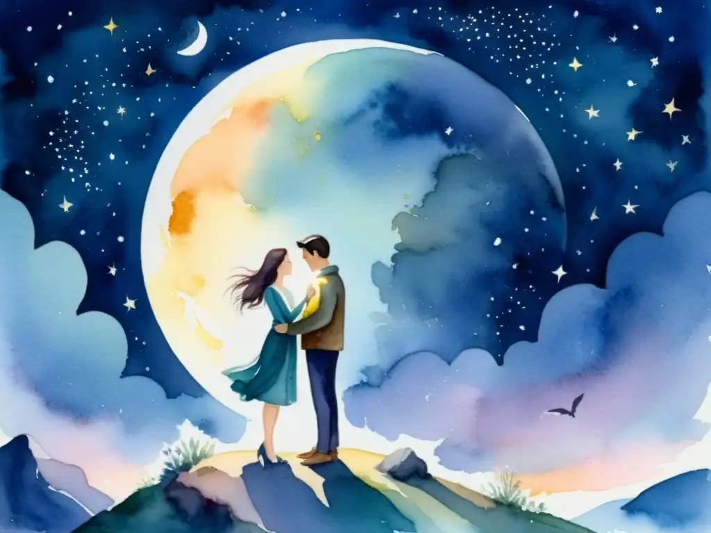 Una pareja se abraza apasionadamente bajo el cielo iluminado por la luna, evocando el poema 20 de Neruda