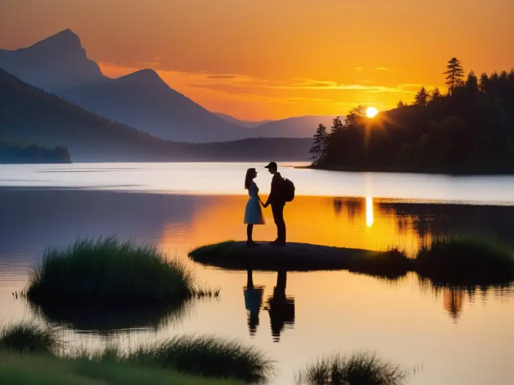 Una pareja se abraza junto a un lago al atardecer, reflejando el cielo dorado