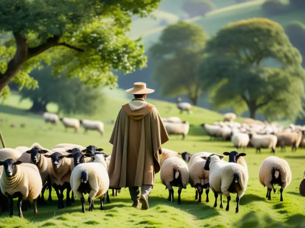 Un pastor en un prado verde con su rebaño