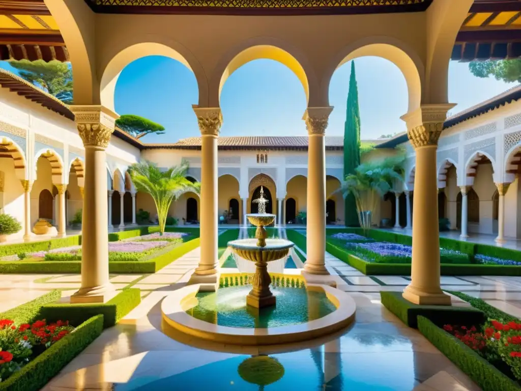 Un patio bizantino exuberante con una fuente de mármol, pavos reales y arquitectura majestuosa, evocando la poesía corte bizantina elegancia