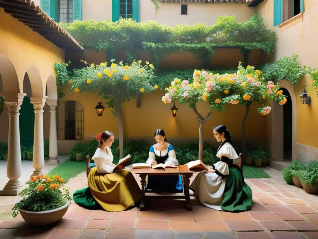 Un patio español del siglo XVII con mujeres poetas del Siglo de Oro, escribiendo y debatiendo apasionadamente entre flores y vegetación exuberante