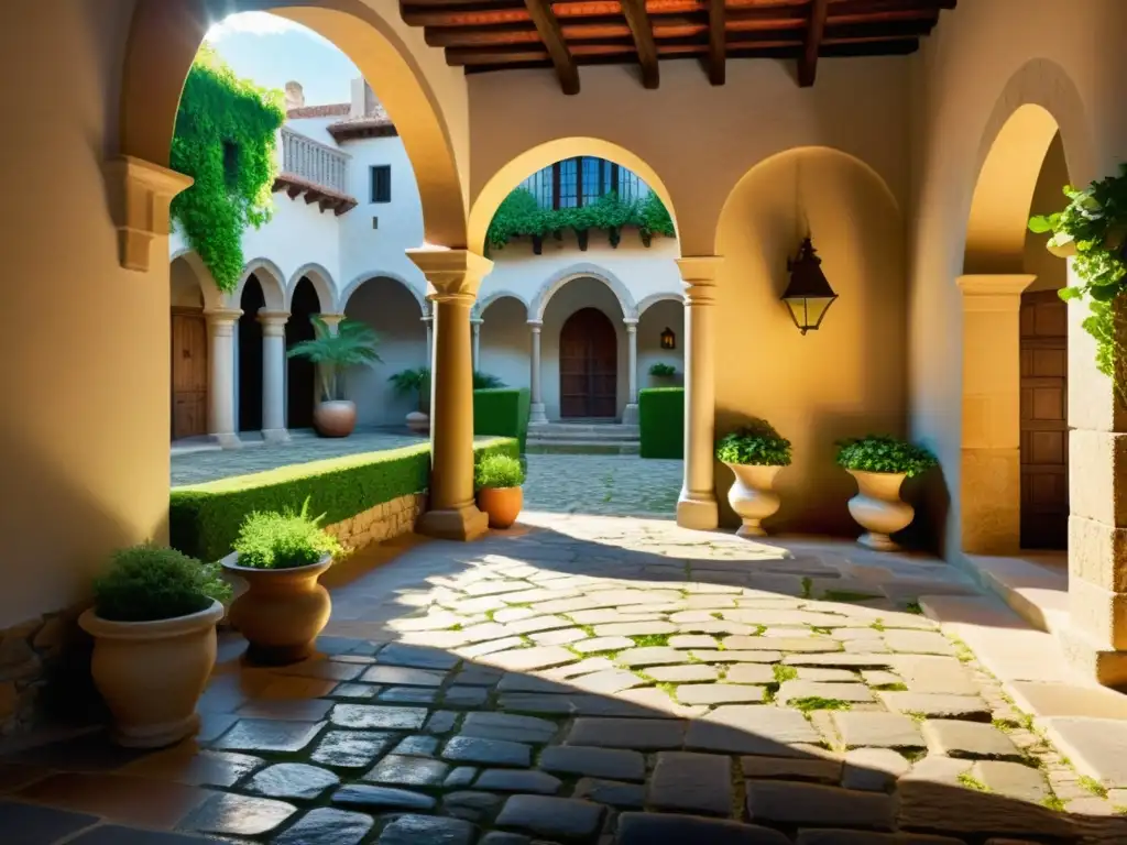 Un patio medieval español con arquitectura de piedra, arcos y exuberante vegetación, bañado por la luz del sol