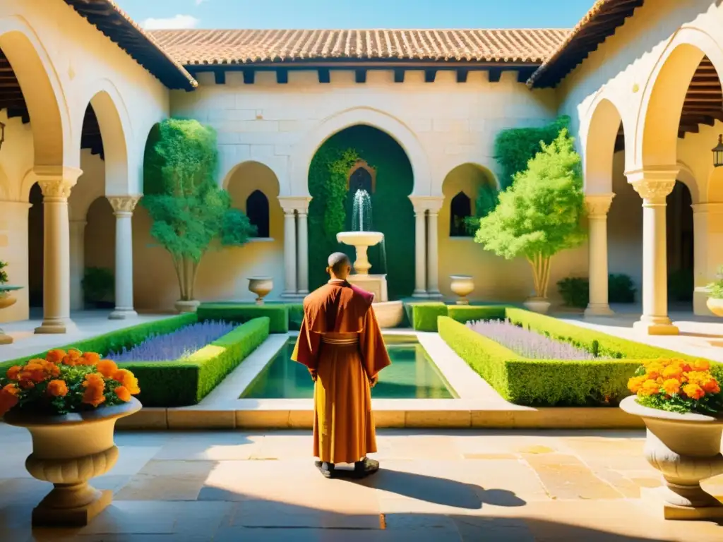 Un patio de monasterio español iluminado por el sol con monjes en contemplación y una fuente de mármol