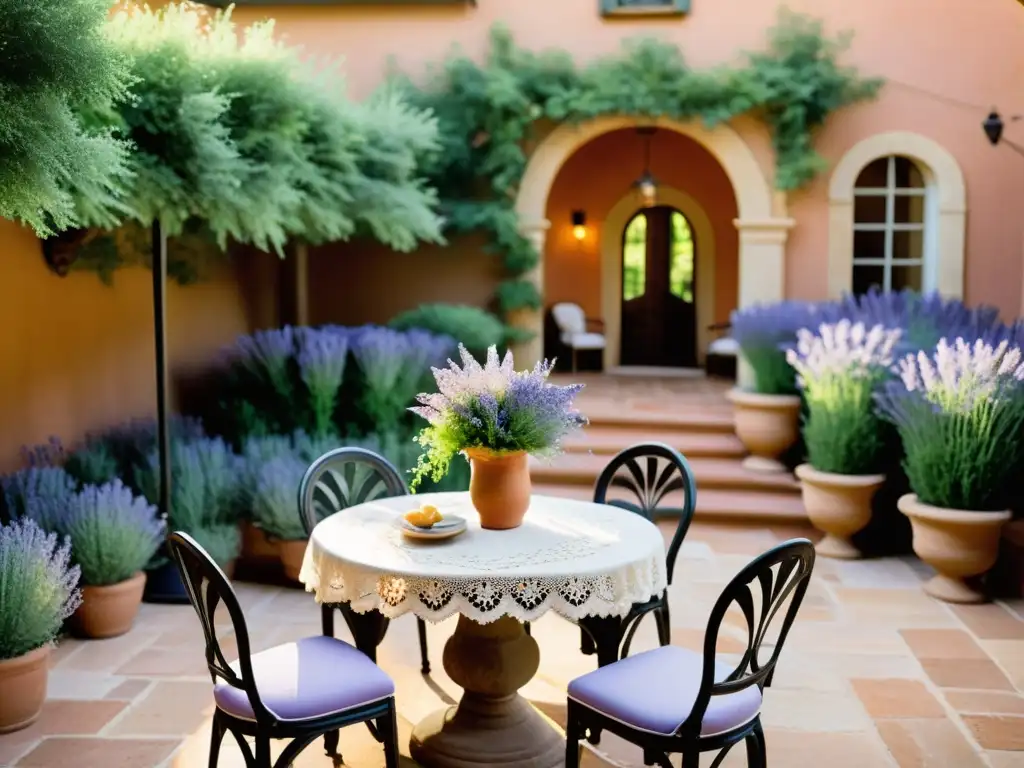 Un patio sereno en Toscana con fuente de piedra, plantas exuberantes y flores silvestres, ideal para retiros exclusivos de poesía