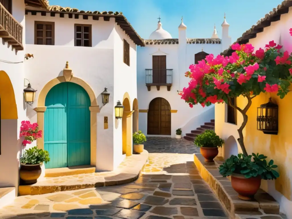 Un patio soleado en un pueblo colonial español, con buganvilias vibrantes y una fuente ornamental