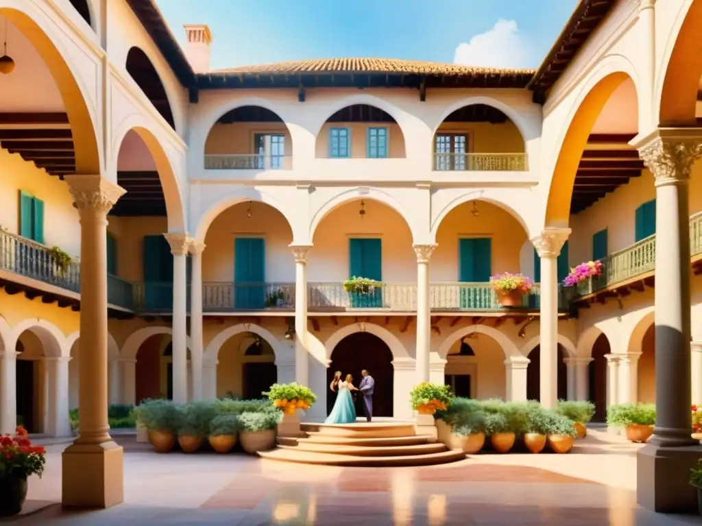 En el patio soleado del Siglo de Oro, artistas interpretan música y poesía, creando una atmósfera serena y apasionada