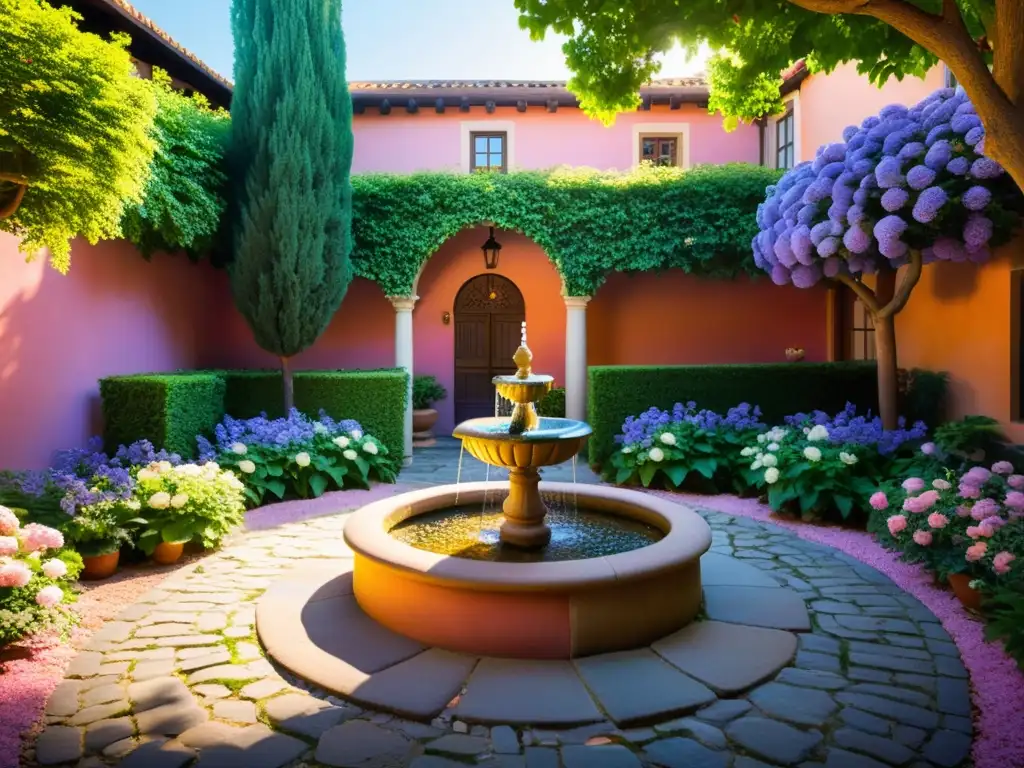 Un patio tranquilo y soleado con un sendero de adoquines entre exuberante vegetación