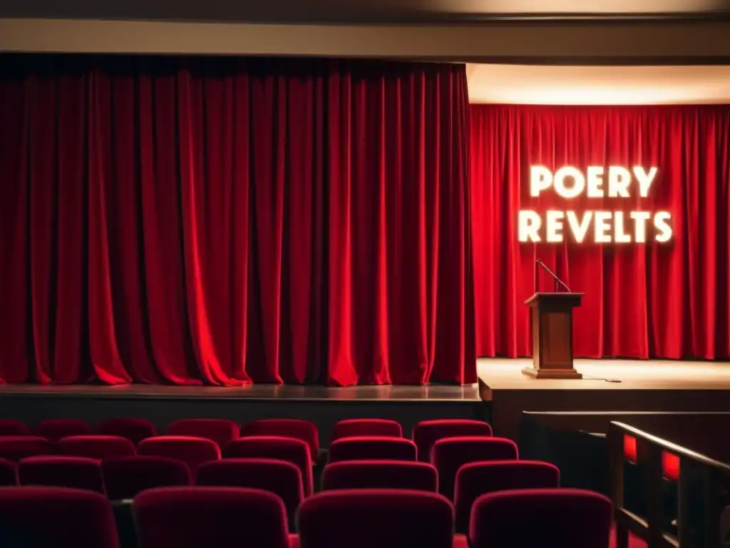 En la penumbra, un micrófono iluminado espera en el escenario, rodeado de cortinas de terciopelo rojo y carteles de poetas